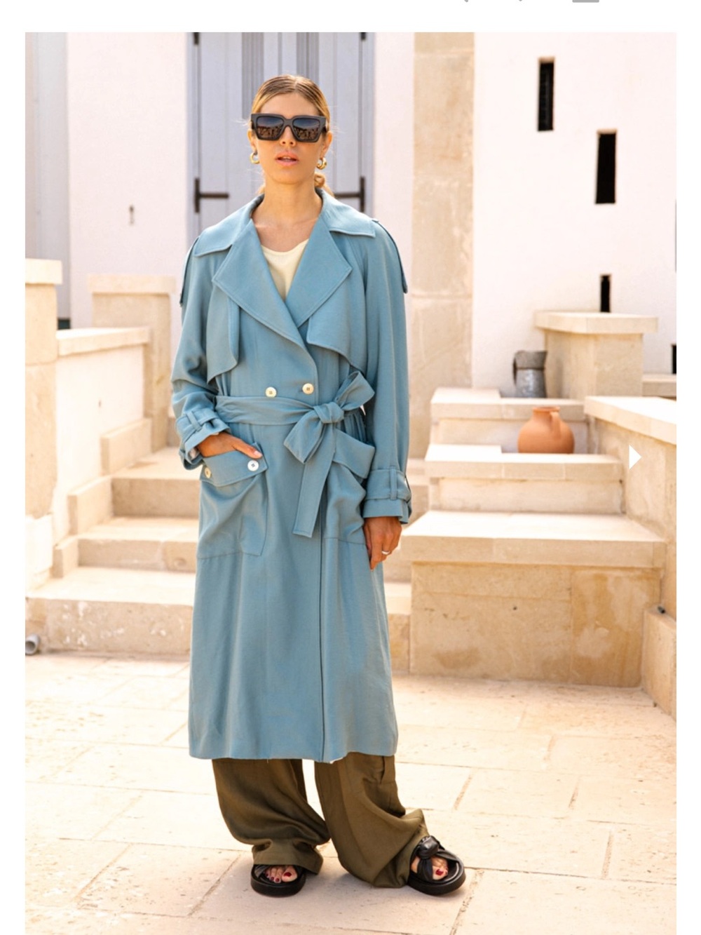 Kaos Dusty Blue Trench Coat with Waist Tie